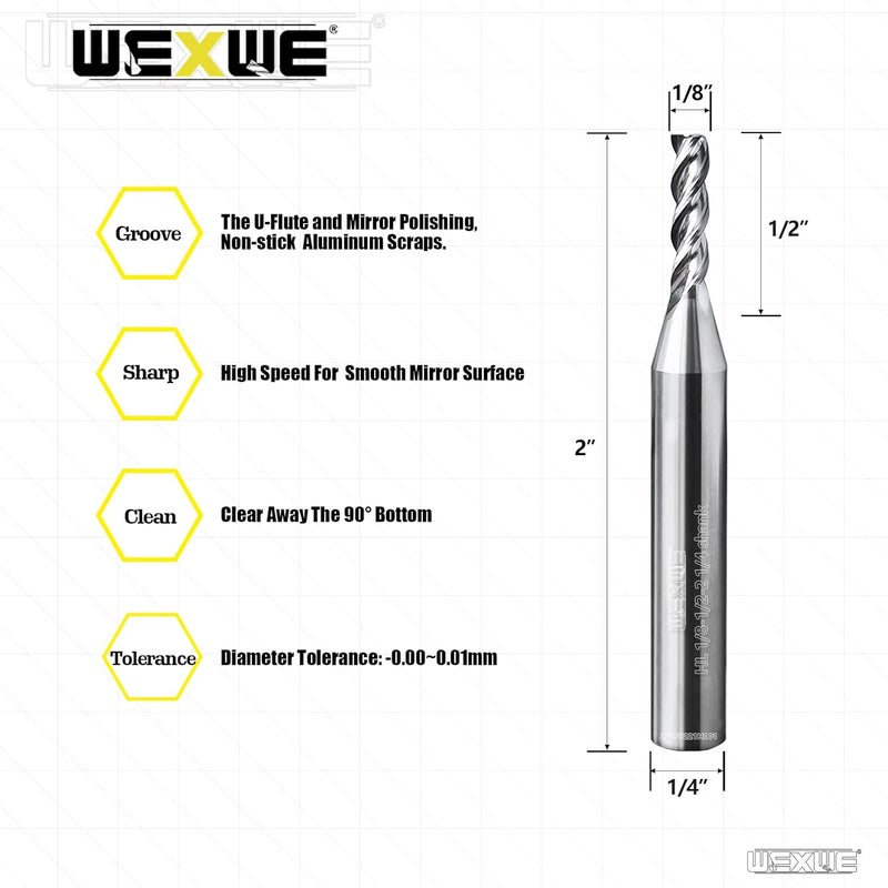 WEXWE Store Tools High Finishing Carbide End Mill for Aluminum or Copper Cutting, U-Type Design Square Milling Cutter, 3 Flute Mill Bits Sets 1/2 Shank (1/8-2" 2PCS) - Image 2